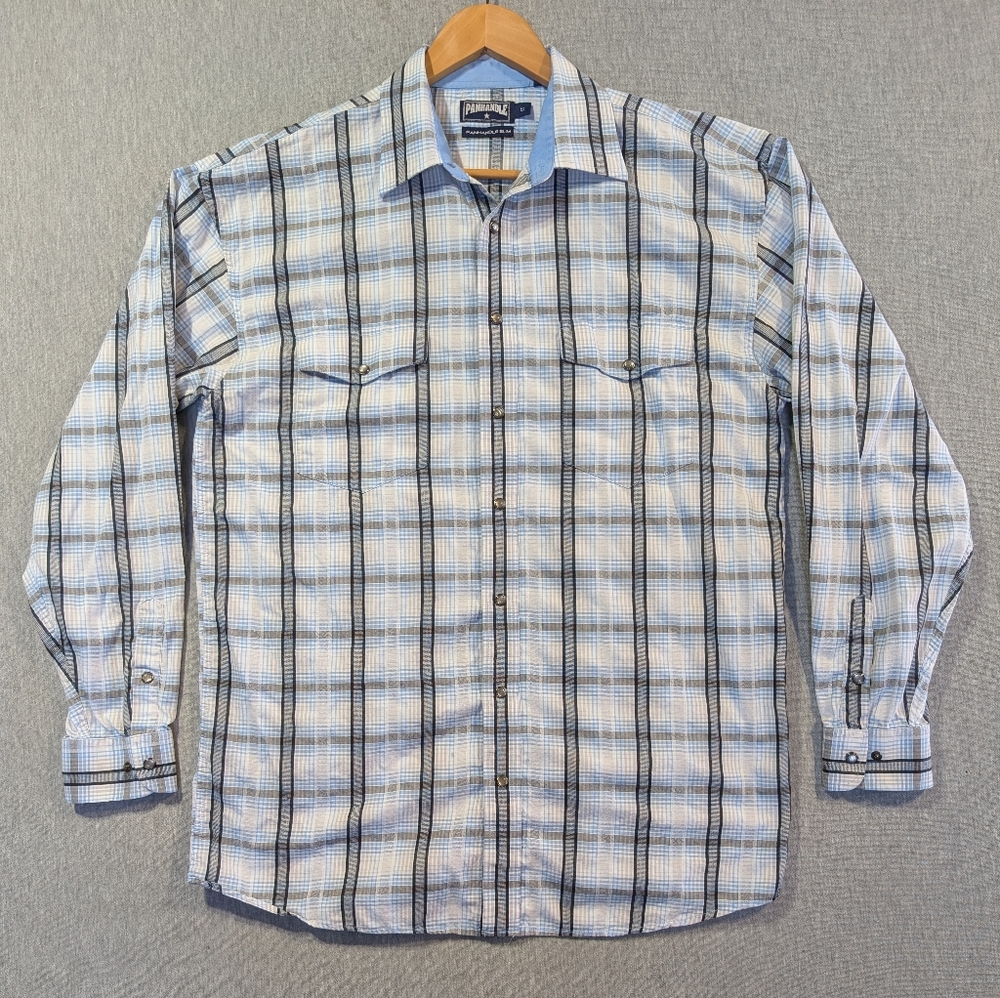Panhandle Slim Western Shirt Men's LT Blue White Plaid Pearl Snap